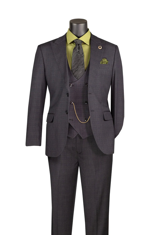 Men's Black Antique Bronze Windowpane Three Piece Suit