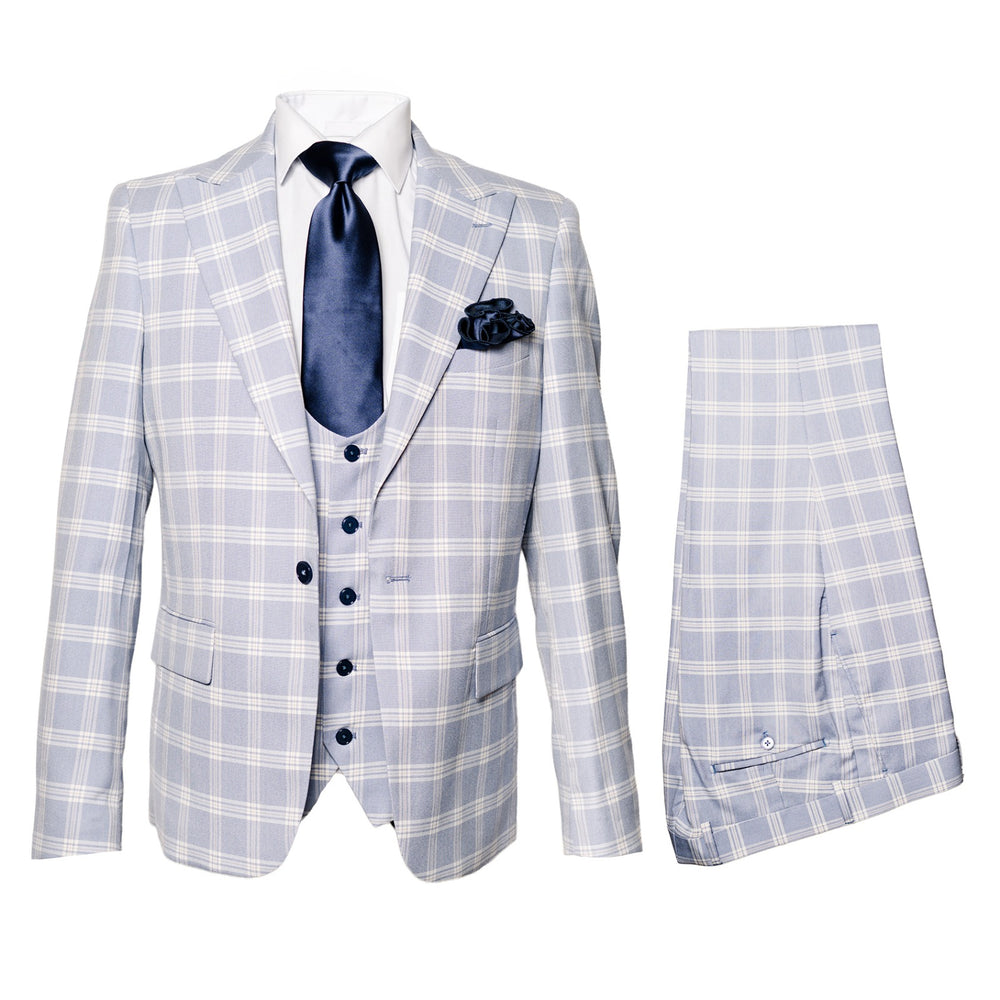 Mens Plaid Windowpane Business Suit Modern Fit Texturer Checker Peak Lapel By Rossiman in Color "Light Blue"