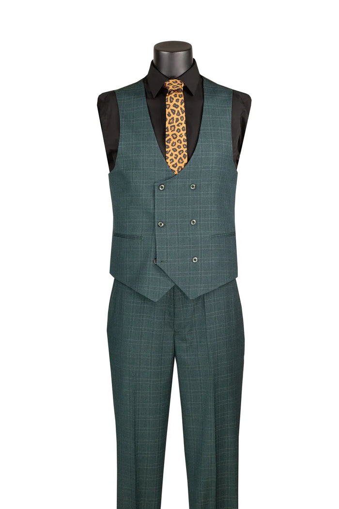 Men's Forest Green Windowpane Three Piece Suit