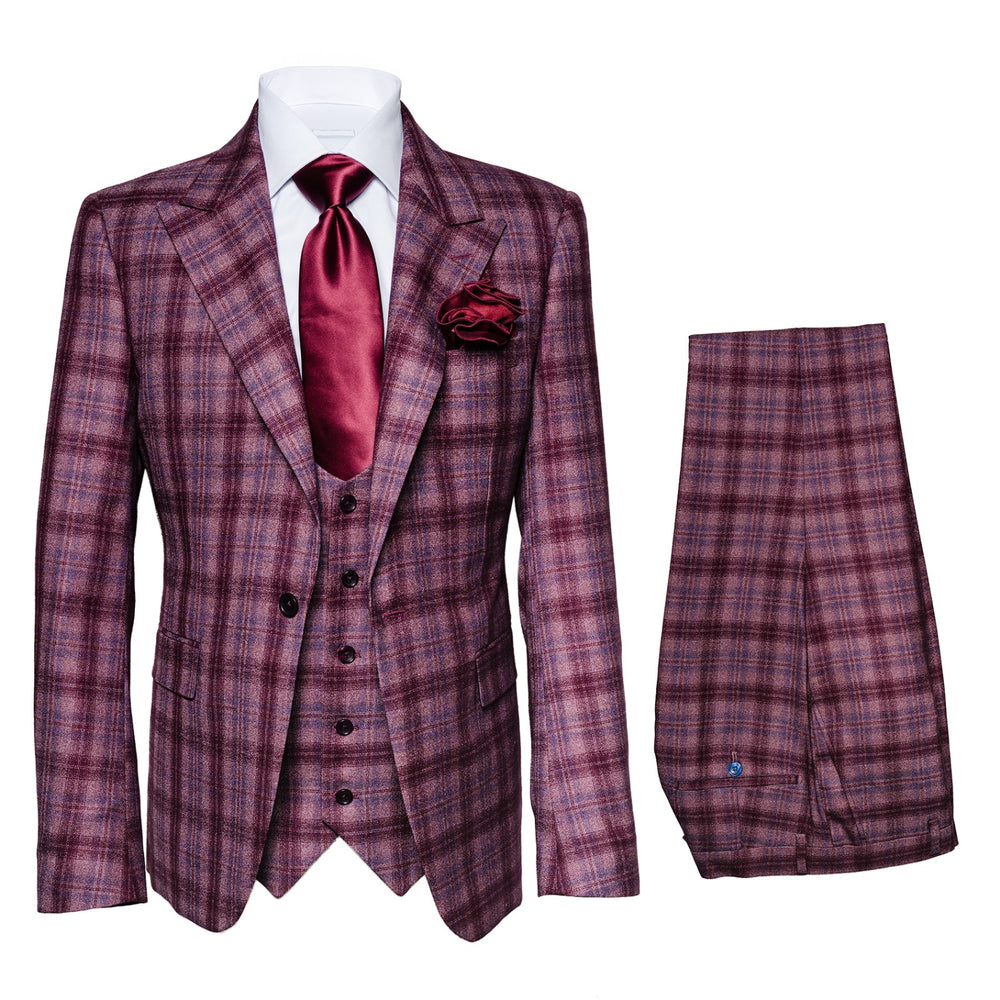 Mens Plaid Windowpane Business Suit Modern Fit Texturer Checker Peak Lapel By Rossiman in Color "Burgundy"