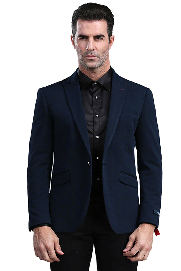 Men's Navy Blue Peak Lapel Skinny Fit Blazer from Tazzio Suits