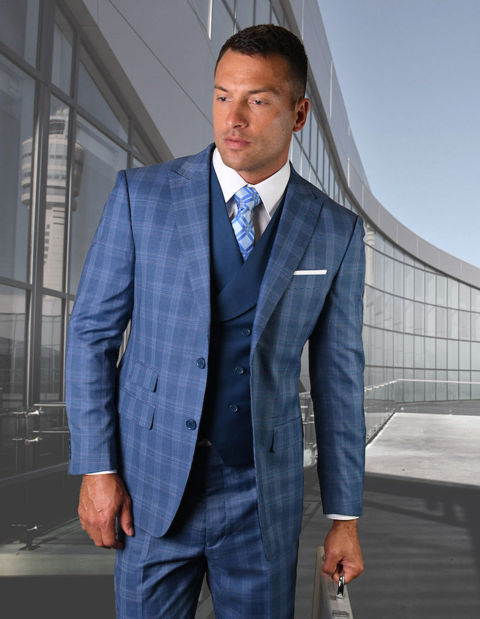 Mens 2 Button Vested Wide Peak Lapel Suit in Indigo Plaid ...
