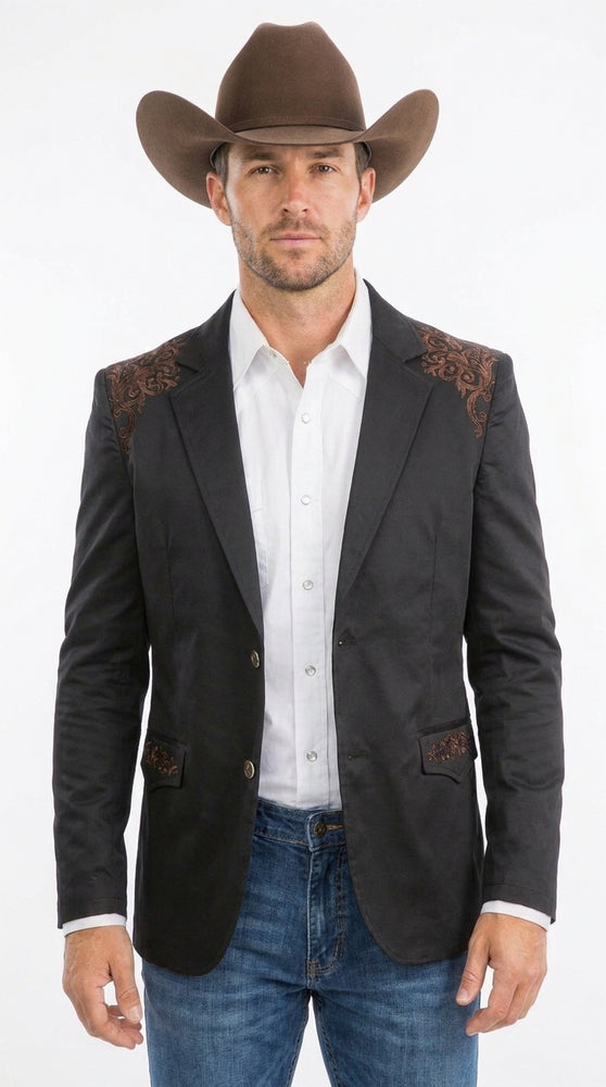 Men’s Black & Brown Western Blazer – Cowboy Sport Coat with Brown Embroidered Shoulder & Back Design