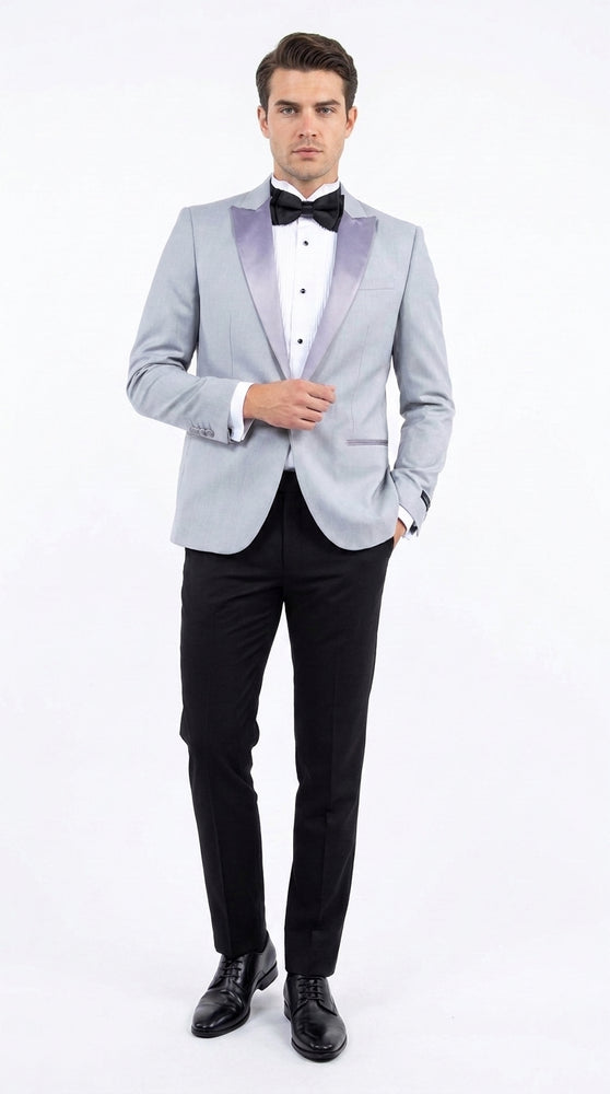 Men’s Silver Grey Dinner Jacket with Black Pants – Formal Wedding Prom Tuxedo Blazer Outfit Suit