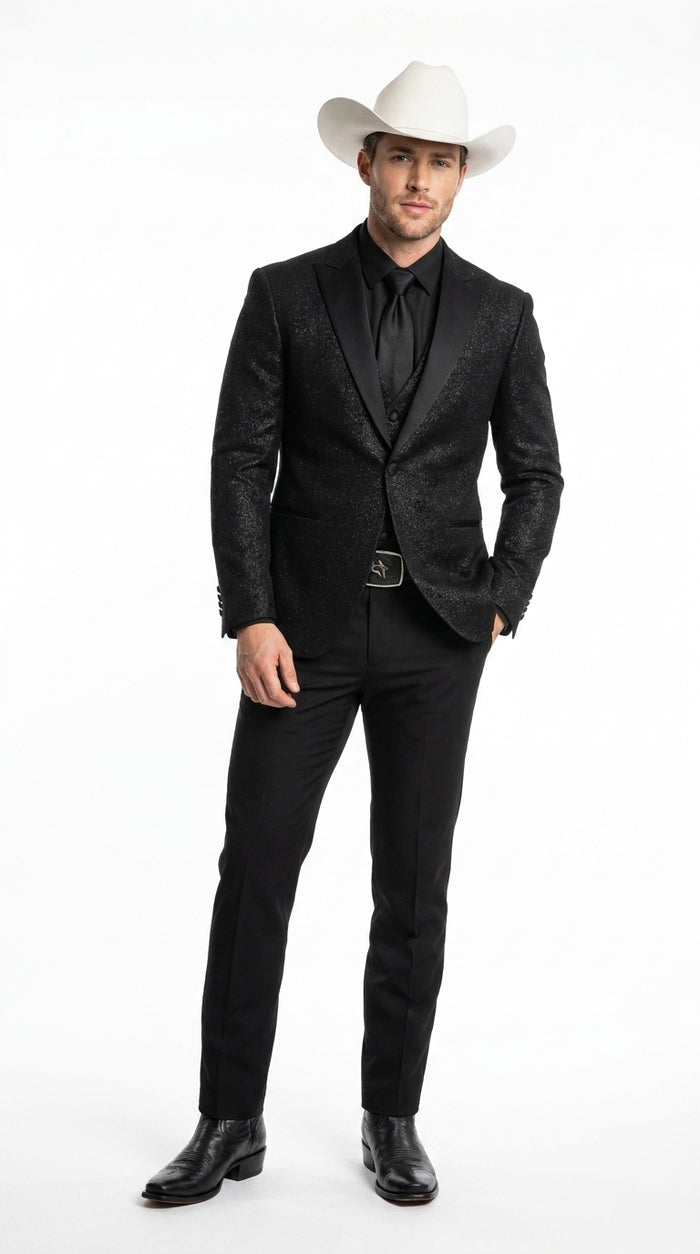 Men’s Black Western Tuxedo Blazer – Shimmer Cowboy Dinner Jacket Shiny Sparkely