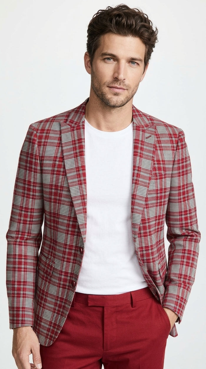 Men’s Red Tartan Plaid Blazer Checkered Sport Coat Holiday New Year  Gray Windowpane