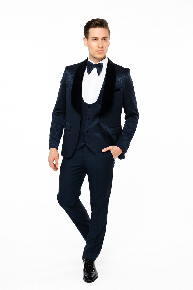 Men’s Navy Blue Jacquard Tuxedo with Black Velvet Shawl Lapel – 3 Piece Formal Suit with Bow Tie