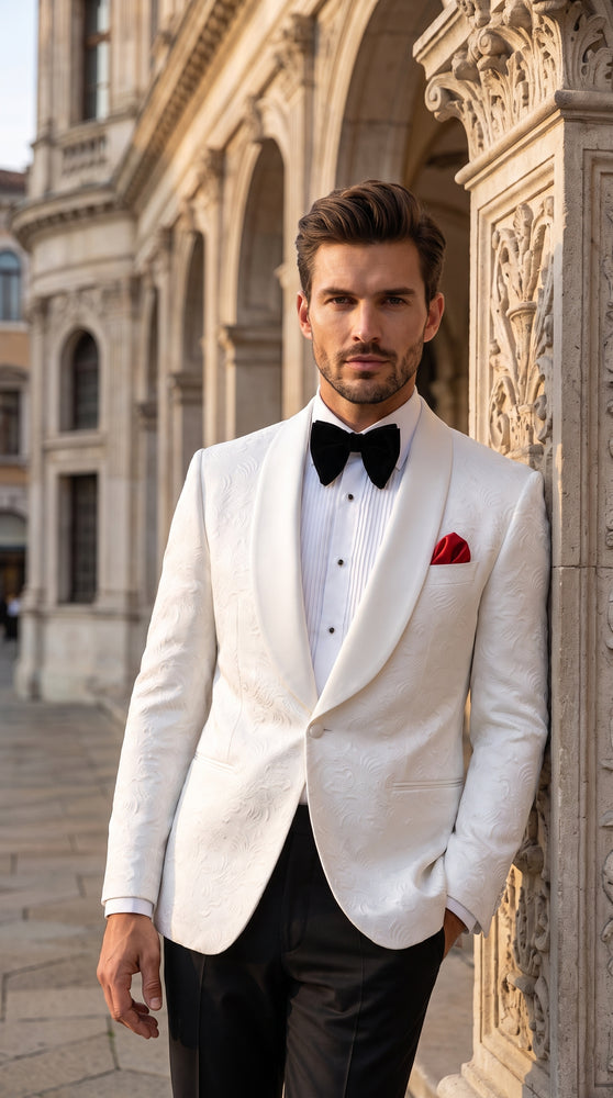 Men’s White Floral Tuxedo Jacket – Shawl Lapel Wedding & Prom Dinner Jacket