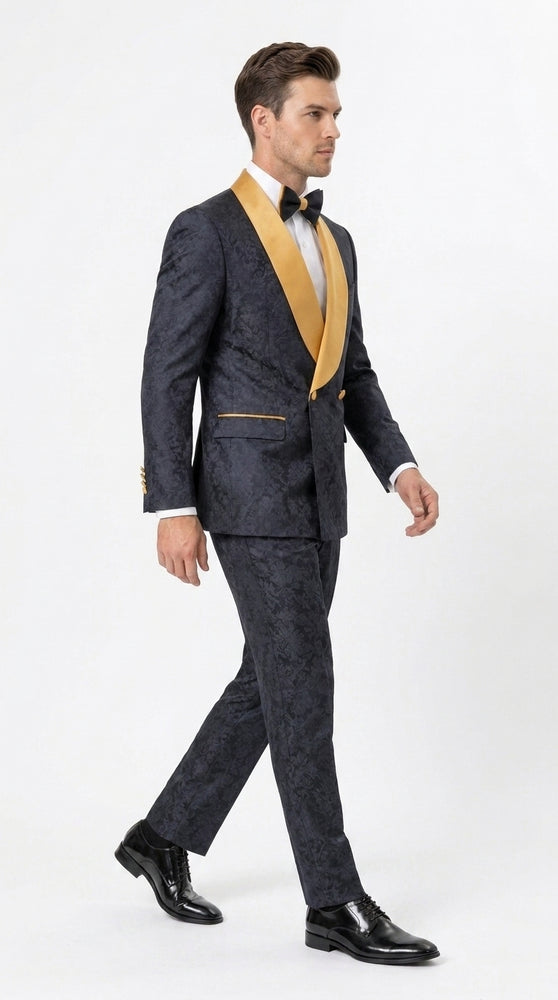 Men’s Black and Gold Hollywood Tuxedo – Double-Breasted Shawl Lapel Prom, Wedding and Formal Suit
