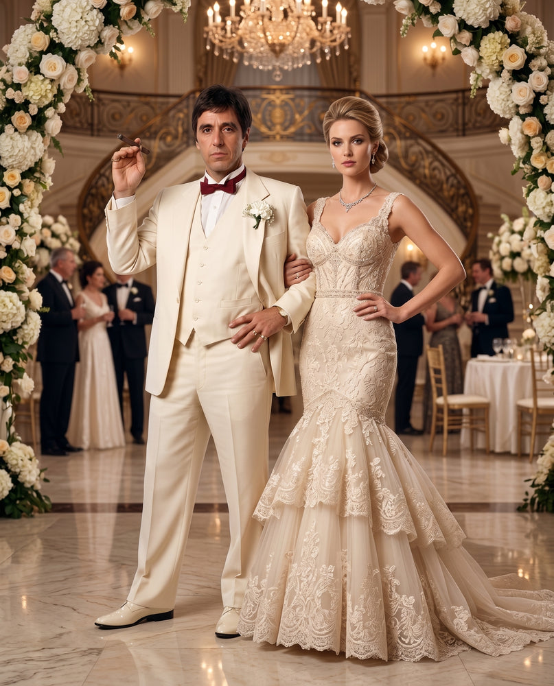Tony Montana’s Ivory Vested Suit – Classic Ivory 3 Piece Suit for Wedding, Formal and Evening Wear