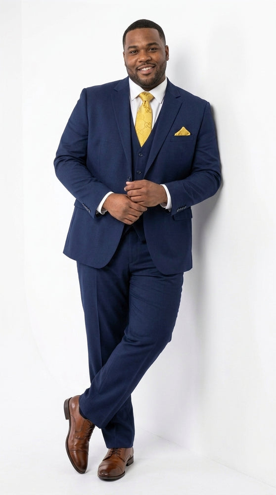 Mens Vitali 3 Piece Suit W/Scoop Vest Navy Blue 3-Piece Suit – Big Peak Lapel  Vest and Pants  Modern Fit Two Buttons