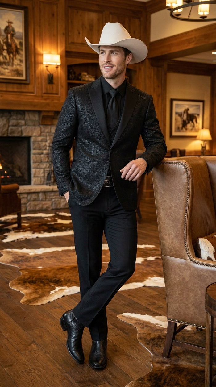 Men’s Black Western Tuxedo Blazer – Shimmer Cowboy Dinner Jacket Shiny Sparkely