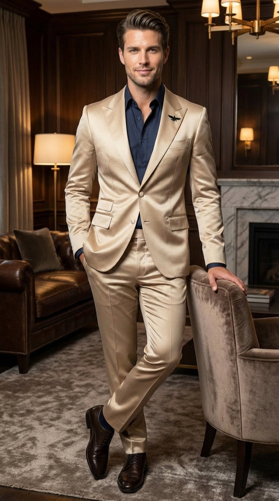 Mens Shiny Champagne Gold Two Piece Suit – Luxury Formal Satin Finish Suit for Wedding, Party and Evening Wear