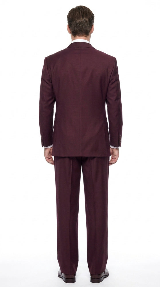 Tiglio Rosso Men’s Burgundy Wool Suit – Classic Fit Big Lapel Suit with Wide Leg Pleated Pants & Side Vents