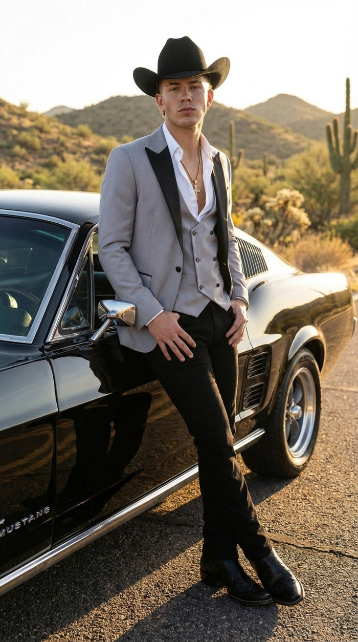 Men’s Light Gray Cowboy Tuxedo with Black Satin Lapel – Western Formal Suit with Double Breasted Vest
