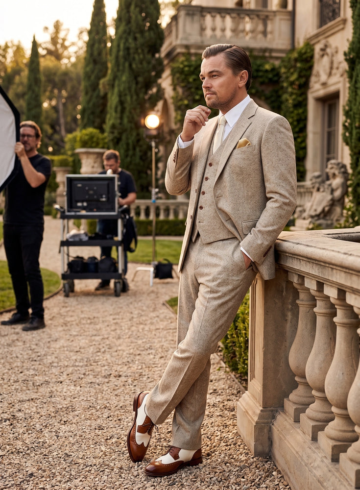 Men’s Light Tan Tweed Great Gatsby 3 Piece Suit – Vintage Vested Wedding Suit, 1920s Classic Formal Outfit Herringbone