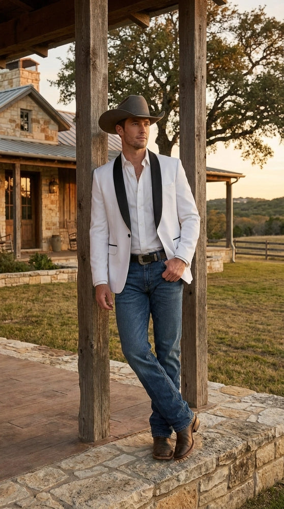 Men’s White Cowboy Blazer with Black Satin Lapel – Western Formal Tuxedo Style Jacket