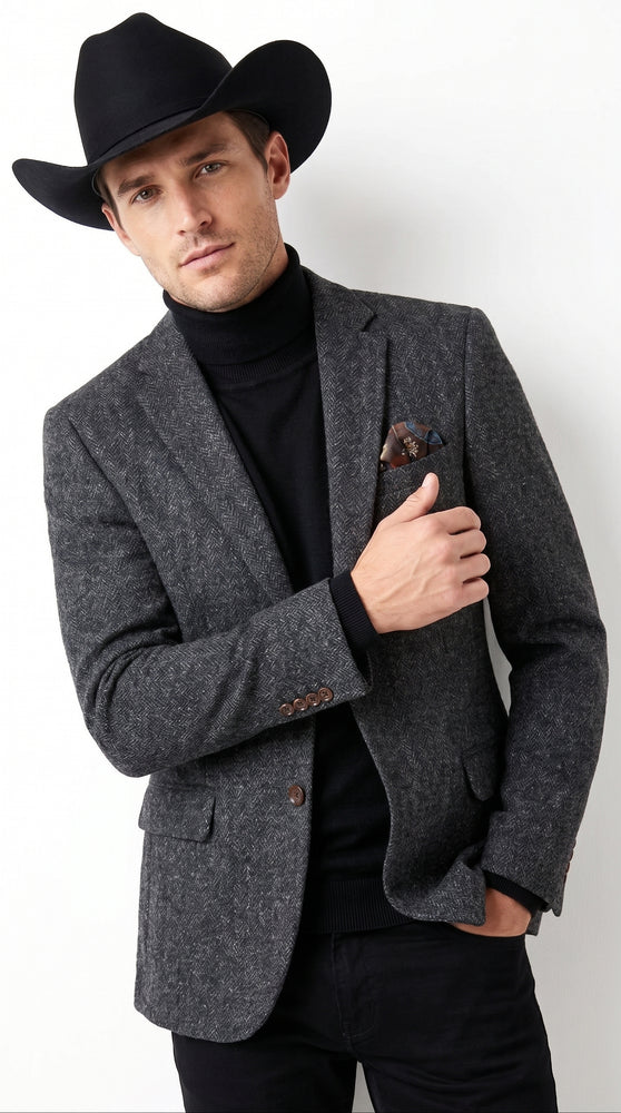 Men’s Charcoal Grey Herringbone Western Winter Blazer – Cowboy Sport Coat Jacket