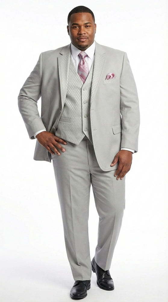 Men’s Light Gray 3 Piece Suit – Ice Silver Gray Formal Suit Set with Vest, Patterned Lapel and Tie for Wedding, Prom and Business Events