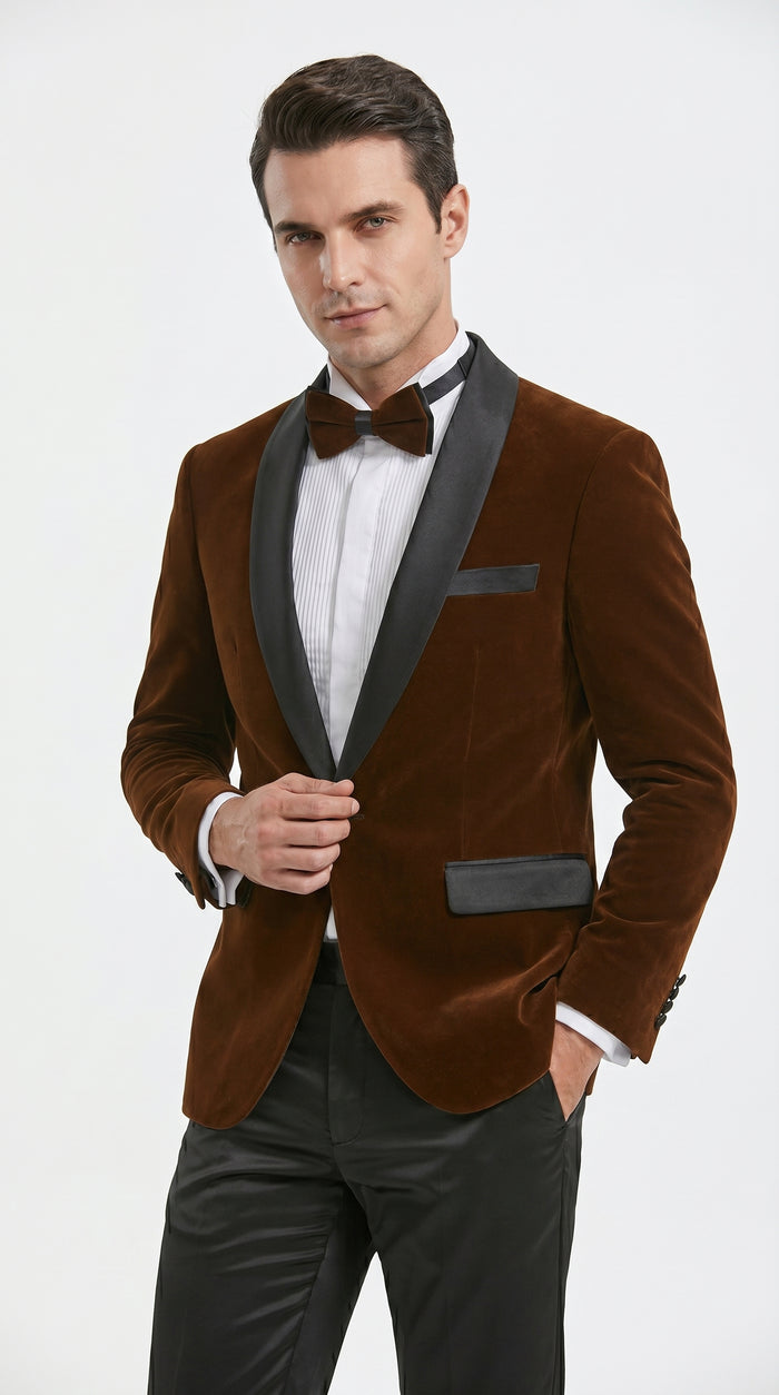Men’s Brown Camel Bronze Velvet Tuxedo Jacket, Shawl Lapel Wedding Prom Dinner Blazer - Blazer Sportcoat