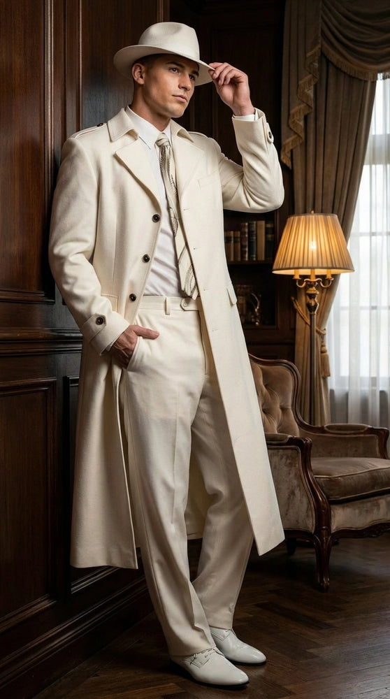 Men’s Ivory Cream Off White  Full Length Zoot Suit – Vintage Gangster Style Long Coat Formal Suit