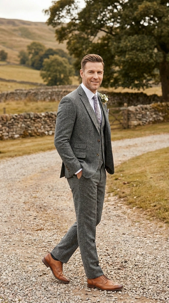 Men’s Peaky Blinder Light Grey Tweed Suit with Vest – Classic Three Piece Formal Suit, Vintage Wedding Business Outfit