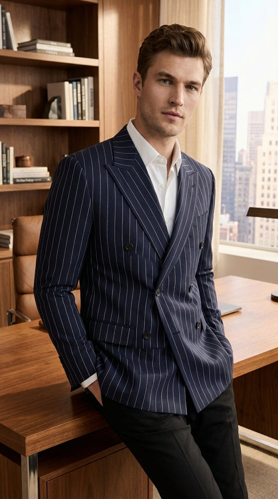 Mens Navy Blue Pinstripe Double Breasted Blazer Sport Coat – Classic Formal Business Jacket for Party and Smart Casual Wear
