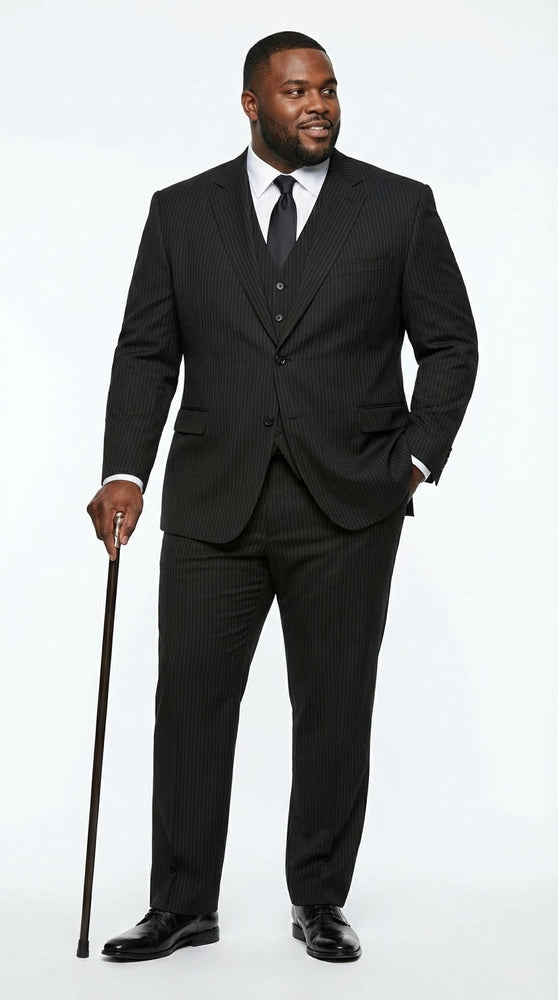 Vitali Mens Black Tone on Tone Shadow Stripe Vested Suit Set – 3 Piece Modern Fit Pinstripe Two Buttons