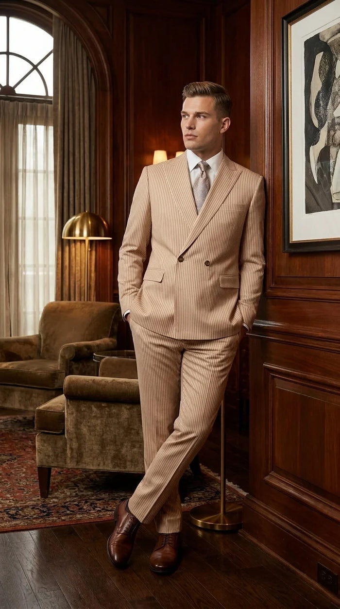 Vitali Men’s Tone on Tone Beige Pinstripe 2 Piece Suit, Double Breasted Summer Dress Suit for Weddings, Tan Beige Shadow Pinstripe