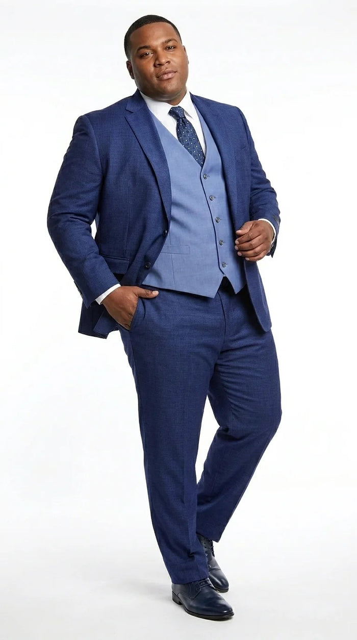 Vitali Men’s Navy Blue 3 Piece Suit with Light Blue Vest, Textured Formal Dress Suit for Weddings, Prom, Business Events, and Parties