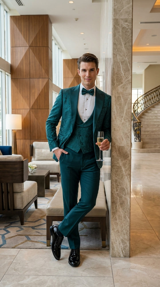 Men’s Hunter Green Paisley Tuxedo – 3 Piece Prom & Wedding Suit with Matching Bow Tie