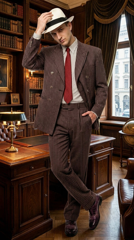 Men’s Brown Pinstripe Bonnie and Clyde Costume Suit – Vintage Gangster 1920s Outfit for Party, Halloween and Themed Events