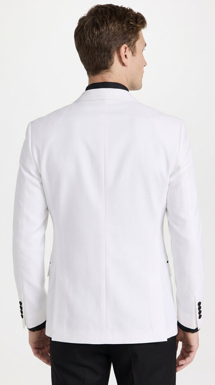 Men's White Double Breasted Tuxedo Dinner Jacket – Black Satin Peak Lapel Formal Wedding, Prom & Party Blazer
