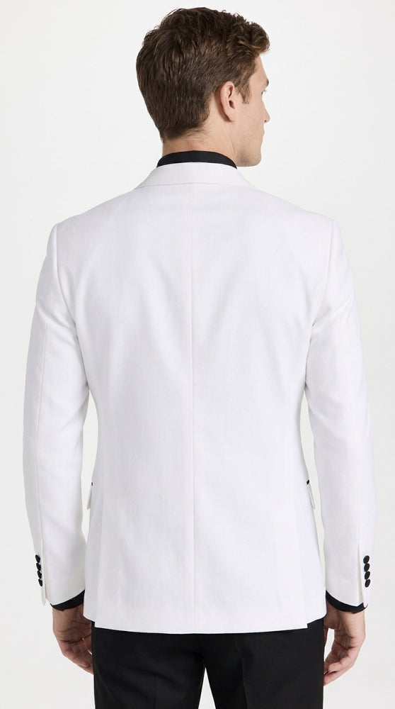 Men's White Double Breasted Tuxedo Dinner Jacket – Black Satin Peak Lapel Formal Wedding, Prom & Party Blazer