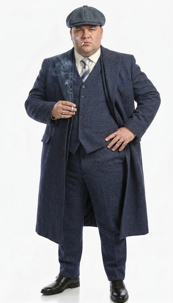 Men’s Navy Blue Herringbone Tweed  1920s 3 Piece Suit with Overcoat – Vintage Peaky Blinder Style Formal Suit Set with Blazer, Waistcoat + Overcoat + Hat