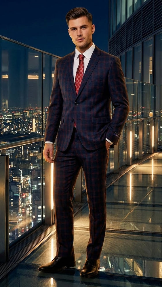 Men’s Navy Blue and Burgundy Checkered Two-Piece Suit Plaid Windowpane – Flat Front Pants or Pleated Wide Leg Pants - 100% Wool