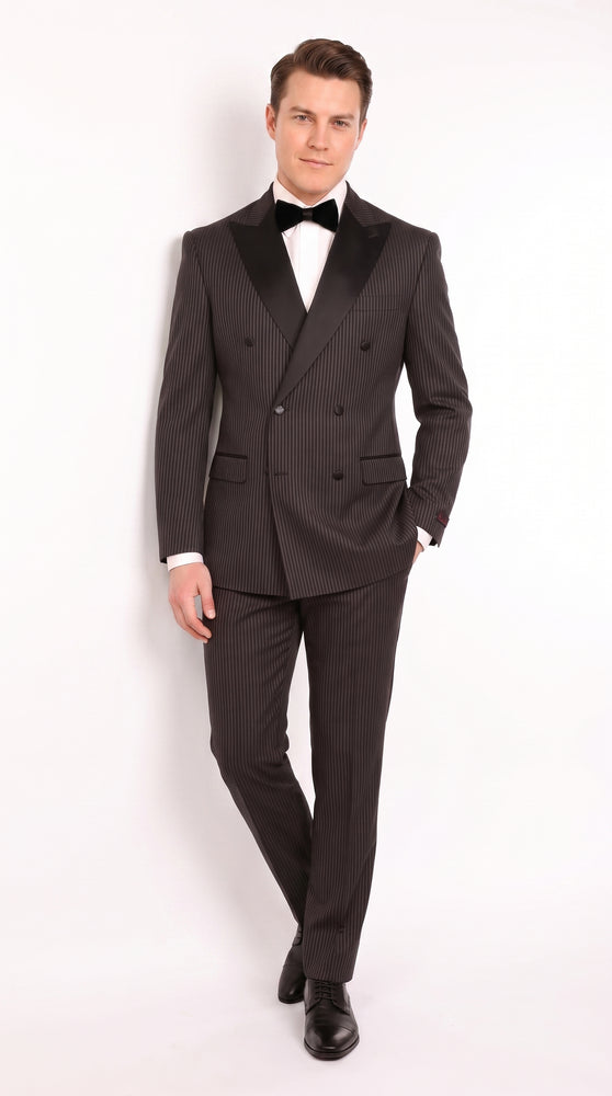 Men’s Black Shadow Pinstripe Double-Breasted Tuxedo Tone on Tone Formal Wedding  Suit Modern Fit 1920s Style