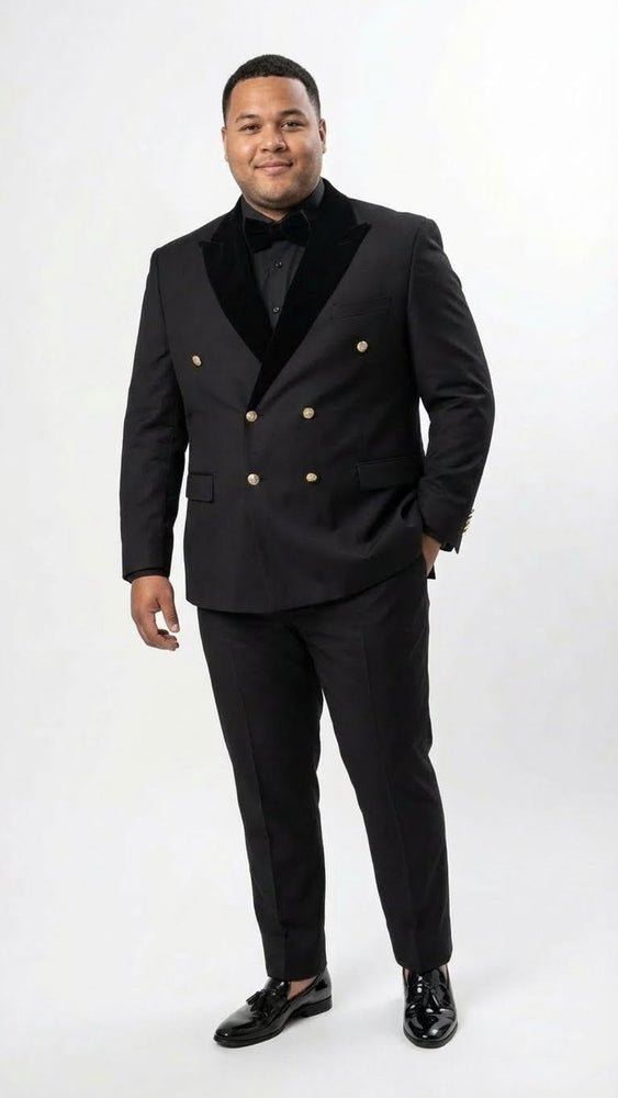 Men’s Black Double Breasted Tuxedo Suit – Luxury Formal Dinner Jacket Gold Buttons Velvet Lapel