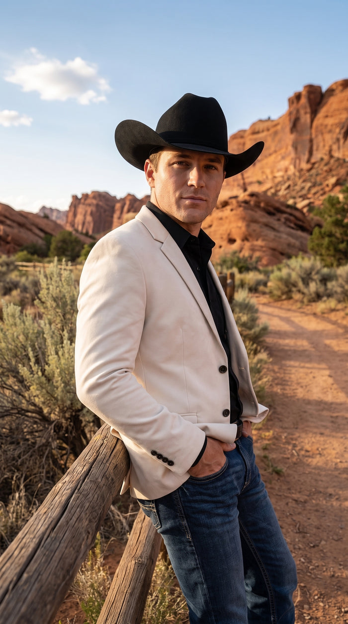 Men’s Ivory Western Blazer – Cream Cowboy Sport Coat Jacket with Notch Lapel in cream color