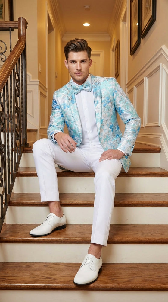 Men’s Light Blue Floral Jacquard Tuxedo Jacket with Matching Bow Tie | Formal Prom Wedding Blazer + Bowtie Turqoise Aqua Color