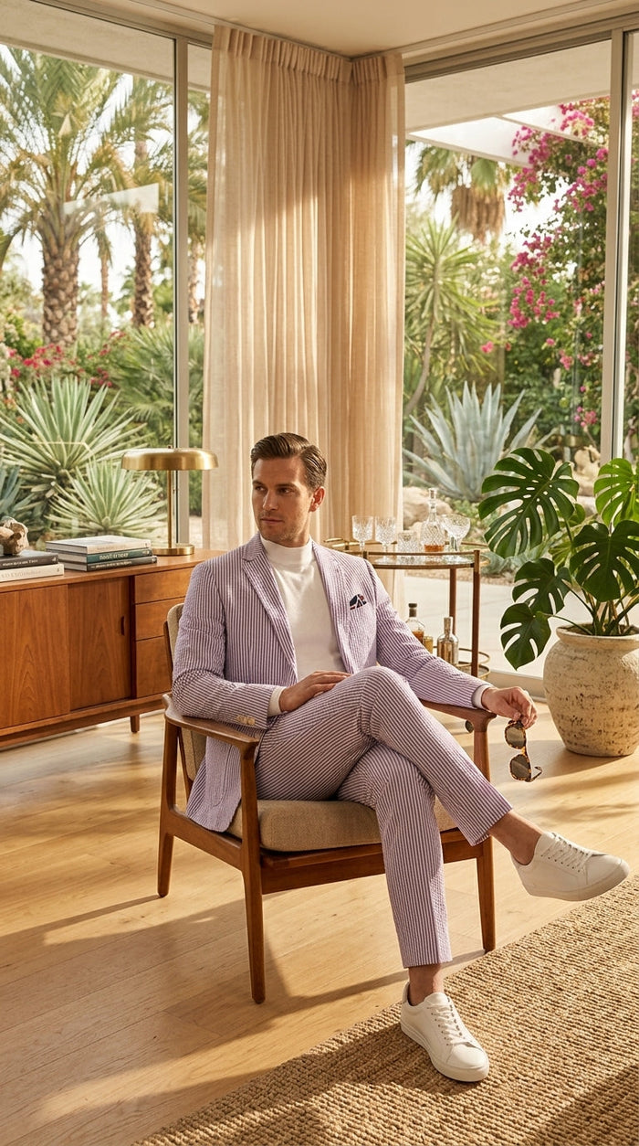 Men’s Lavender Seersucker 2 Piece Suit, Lightweight Summer Blazer and Pants Set for Weddings, Parties, Prom, and summer fabric