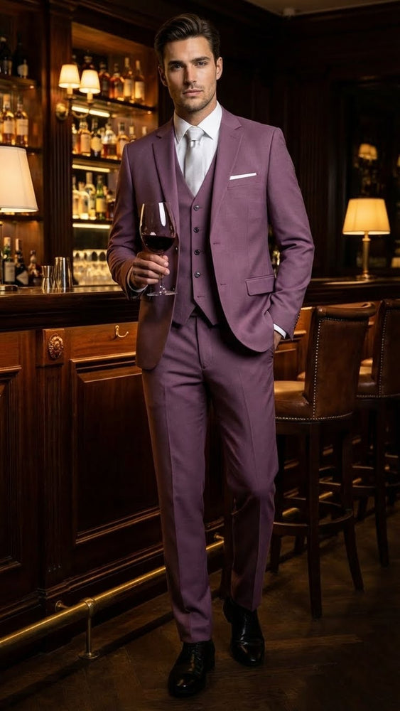 Men’s Mauve Three-Piece Suit – Slim Fit Formal Blazer, Vest, and Trousers for Weddings Rose Gold Pinkish Color