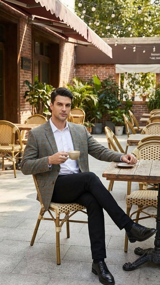 Men’s Green Brown and Teal Plaid Sport Coat – Tailored Fit Check Blazer Jacket - Tartan Sportcoat