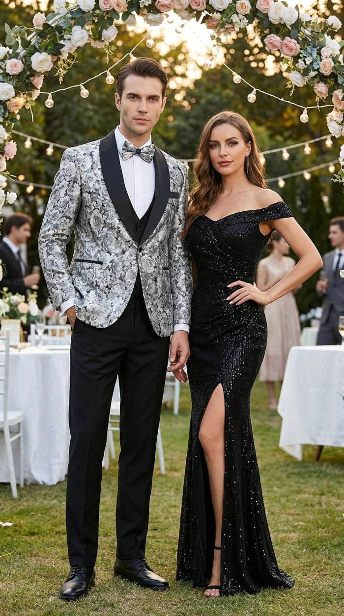 Mens Black and Silver Floral Tuxedo – Luxury Patterned Wedding, Prom and Formal Dinner Tuxedo