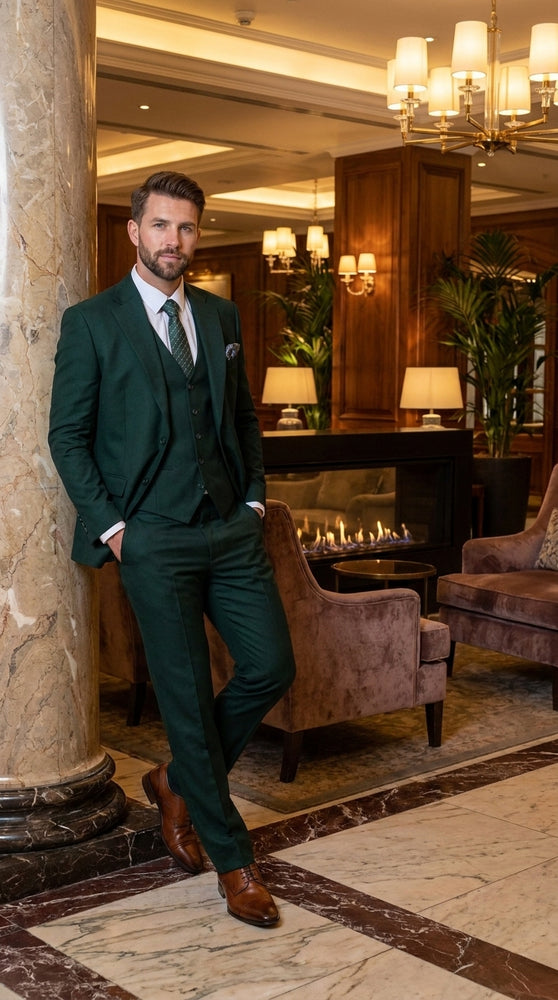 Men’s Stacey Adams Designer Hunter Green 3 Piece Suit – Two Button Vested Classic Wedding, Prom & Formal Suit