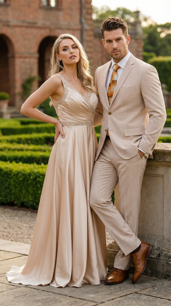 Vitali Men’s Natural Beige Pinstripe Suit – Summer Tan Pinstripe  Weddings and Business Wear