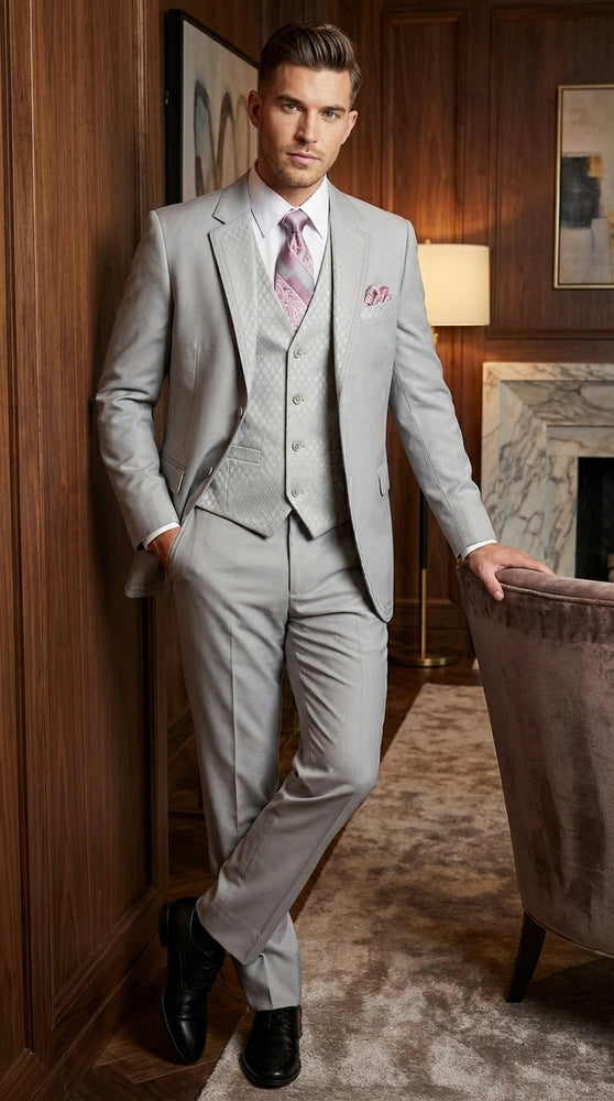 Men’s Light Gray 3 Piece Suit – Ice Silver Gray Formal Suit Set with Vest, Patterned Lapel and Tie for Wedding, Prom and Business Events