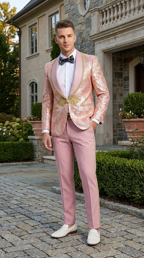 Men’s Rose Gold Pink Prom Tuxedo Suit – Slim Fit Paisley Pattern Formal Tuxedo Suit for Prom, Wedding and Special Events