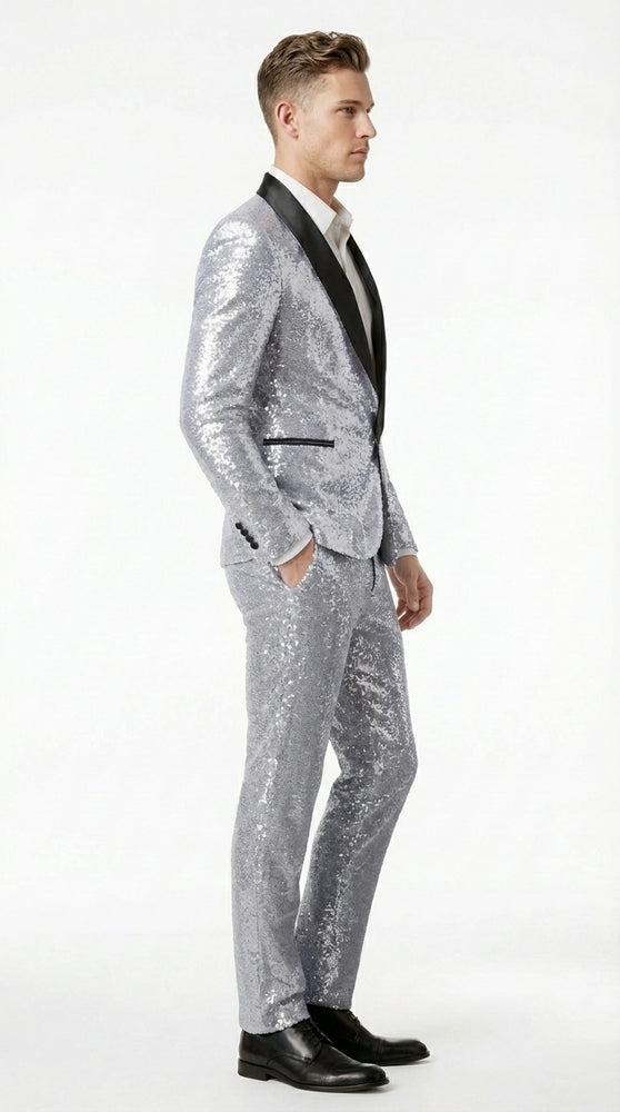 Mens Silver Grey Sequin Tuxedo Suit – Shiny Wedding Suit Set with Black Lapel for Prom, Party, Gala and Formal Evening Wear