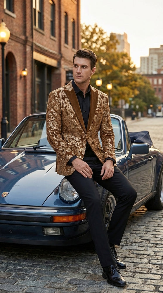 Men's Light Brown & Gold Baroque Embroidered Blazer Jacket | Tuxedo Dinner Jacket
